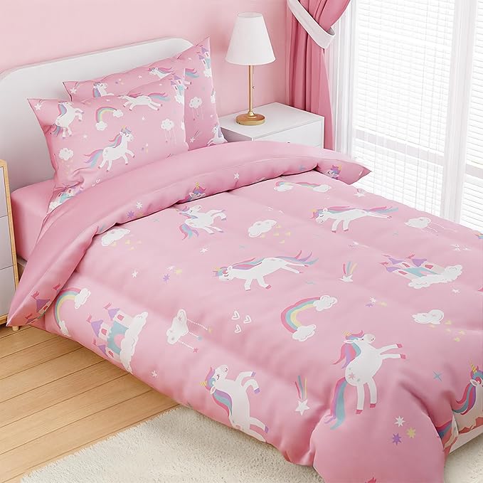 SANDJEST Unicorn Comforter Set Full Size 98x86in for Kids Girls, Microfiber 4 Pcs Bedding Set Includes 1 Comforter, 2 Pillowcases, 1 Fitted Sheet, Nursery Room Decor