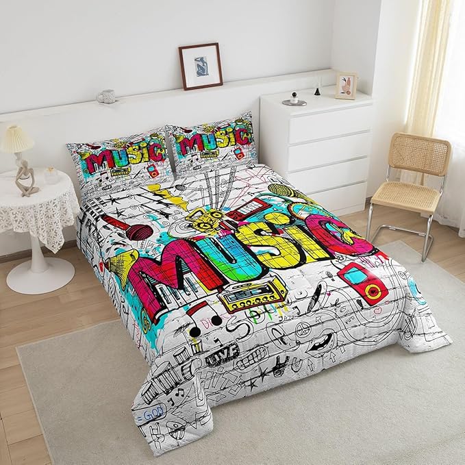 Castle Fairy Rock Music Comforter Set Hippie Graffiti Bedding Set for Kids Girls Women Adults Street Art Comforter Rock Instrument Quilted Duvet Set Bedroom Collection Twin Pink 2Pcs