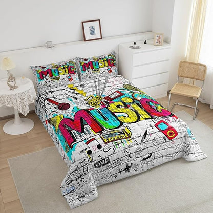 Castle Fairy Rock Music Comforter Set Hippie Graffiti Bedding Set for Kids Girls Women Adults Street Art Comforter Rock Instrument Quilted Duvet Set Bedroom Collection Twin Pink 2Pcs