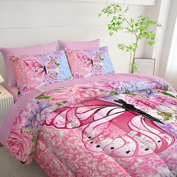 Butterfly Comforter Set (7 Piece) - Twin Size, Floral Pink Purple Bedding, Girls/Teens, Soft Microfiber, Sheets/Pillowcases Included
