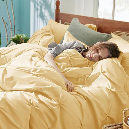 Bedsure Twin Comforter Set Yellow - Bed in a Bag Twin Size Bedding 5 Pieces, GentleSoft™ Pintuck Bed Set Gift for Family, Pinch Pleat Yellow Comforter with Sheets, Pillowcase & Sham