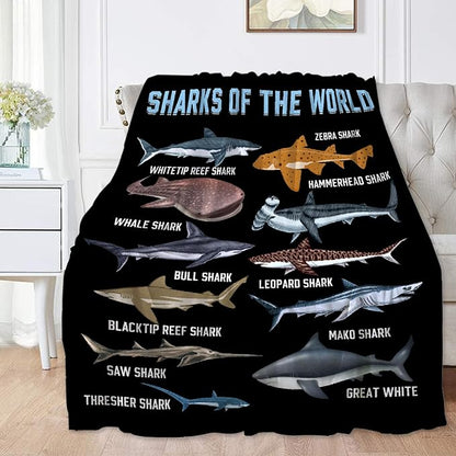 Shark Blanket for Adult Kids Shark Gifts for Shark Lovers Warm Plush Sharks of The World Throw Blanket for Couch Bedding Room Decor Shark Plush Gifts for Boys Birthday Decor 40"x50"-S