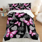Pink Butterfly Comforter King Bedding Sets for Girls, Eiffel Tower Leopard Heart Pattern Bedding Sets with 2 Pillowcases,Aesthetic Bedding for Women Girls Bedroom Paris Decor.