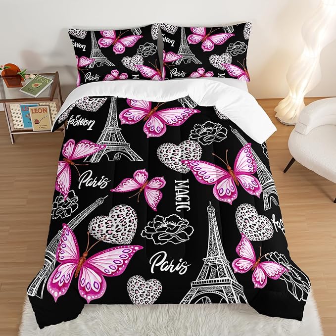 Pink Butterfly Comforter Full Bedding Sets for Girls, Eiffel Tower Leopard Heart Pattern Bedding Sets with 2 Pillowcases,Aesthetic Bedding for Women Girls Bedroom Paris Decor.