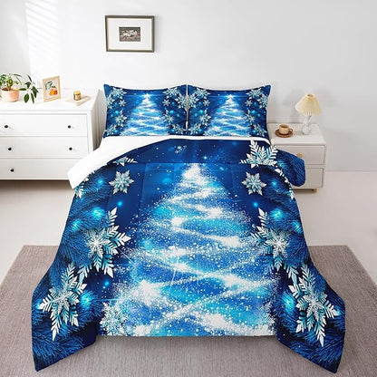 Feelyou Girls Christmas Tree Comforter Set Blue Xmas Theme Comforter Toddler Chic Winter Snowflake Bedding Set for Girls Daughter Bedroom Decor Soft Girly Glitter Quilted Duvet Winter Warm Bedding