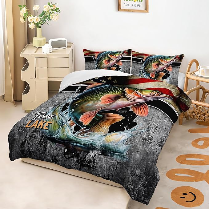 Big Pike Fishing Comforter Set for Kids Men Women, 3 Piece Striped Bass Big Fish American Flag Bedding Set Queen Size, Theme Quilt Decorative Soft Bedding Set with 2 Pillowcases