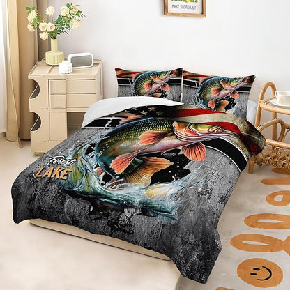 Big Pike Fishing Comforter Set for Kids Men Women, 3 Piece Striped Bass Big Fish American Flag Bedding Set Queen Size, Theme Quilt Decorative Soft Bedding Set with 2 Pillowcases