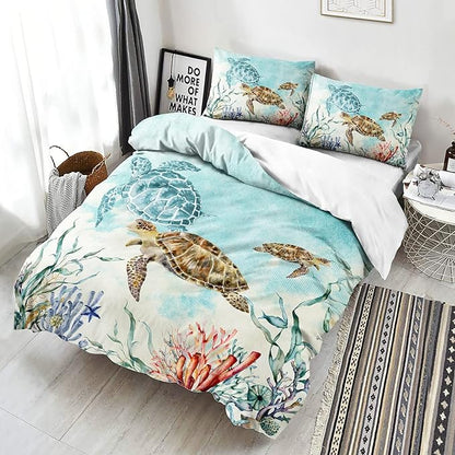 CVHOUSE Sea Turtle Duvet Cover Twin Size,Ocean Watercolor Bedding Set for Kids Teens,Beach Comforter Cover,1 2 Pillowcases 3 Piece Twin 71'x87'