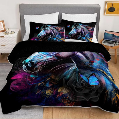 HOSIMA Art Horse Bedding Sets Full,Wildlife Colorful Horse Print Black Quilt Aesthetic Room Decor,Multicolor Butterfly Pattern Lightweight Quilt,Animal Bedding with 2 Pillowcases.