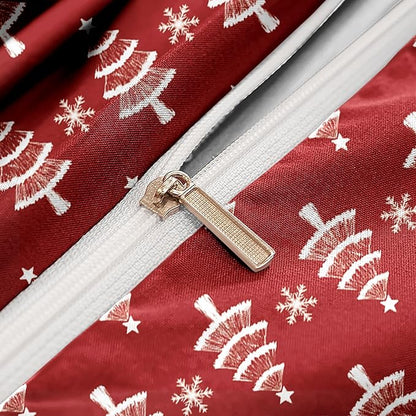 Red Christmas Duvet Cover King Xmas Bedding Set Pine Tree Snowflakes Pattern, Christmas Theme Bedding for Guest Room Bedroom Decor Soft Microfiber Comforter Cover with 2 Pillowcases