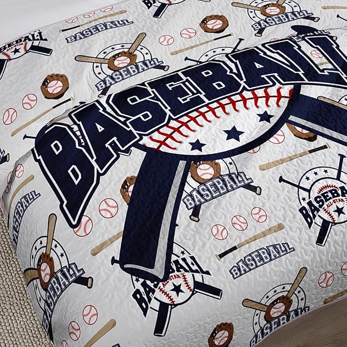 QOOMO Baseball Quilt Set Full/Queen Size,Sports Bedspread Coverlet Set,Sports Games 3Pcs Bedding Set Printed Quilt with 2 Pillowcases,Soft and Lightweight,for All Seasons