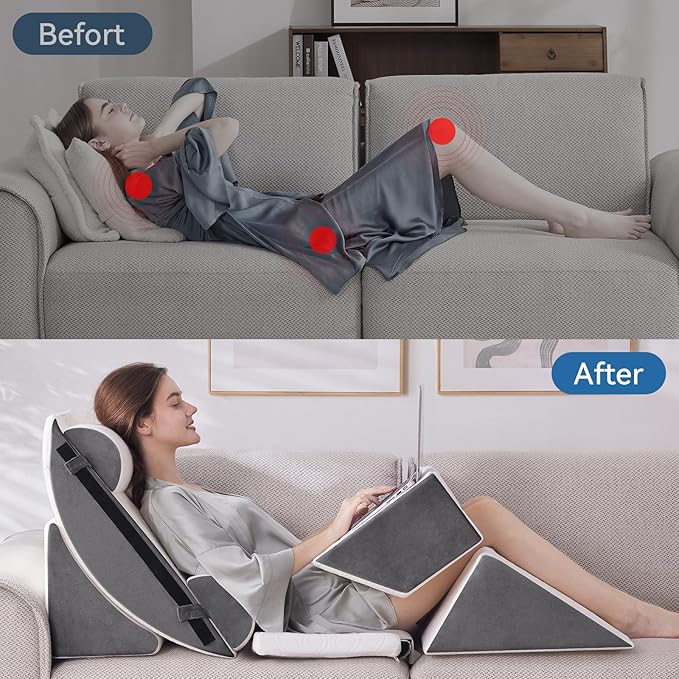 Wedge Pillow Set for After Surgery, 7 PCS Bed Wedge Pillow for Sleeping, Memory Foam Orthopedic Back Pillow for Pain Relief and Acid Reflux, Adjustable Post Surgery Pillow Grey