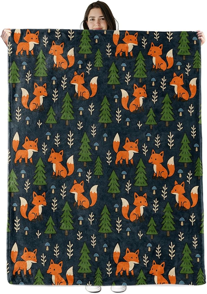 Fox Blanket Gifts for Boys Girls Kids, Cute Woodland Animal Warm Soft Flannel Throw Blankets for Travel, Sofa, Living Room, Bedroom Decor, 60x80 in