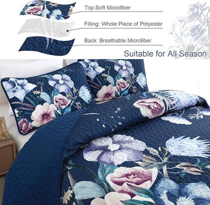 Drucon Blue Floral Quilt Set Queen Size 3 Pieces Blue Botanical Flower Quilt Coverlet Set Soft Microfiber Lightweight Quilted Bedspread for All Season 90"x96"