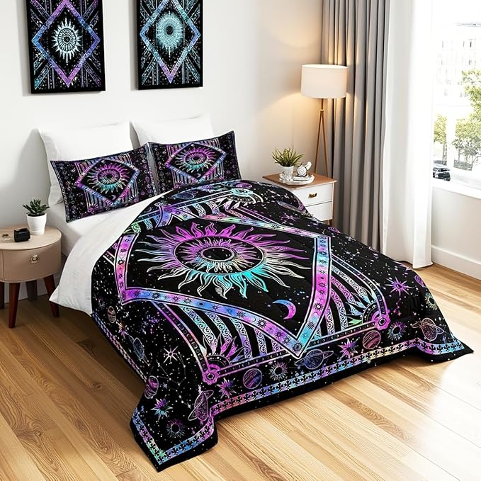 Castle Fairy Burning Sun Full Size Comforter Set Rainbow Gradient Bedding Set for Kids Adults Teens Mystic Tie dye Comforter Luxury Sun Moon Star Planet Quilt Set Room Decor 3Pcs