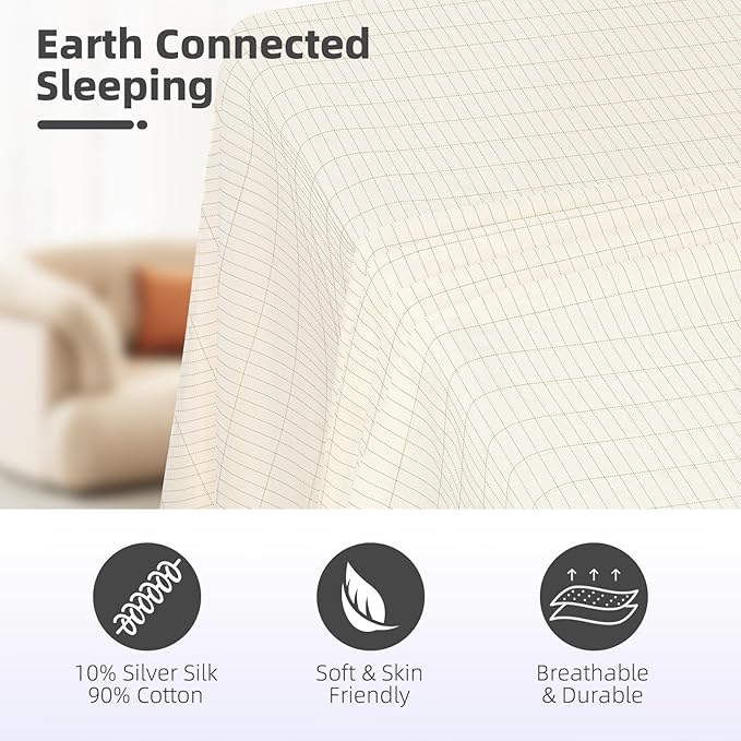 Grounding Sheet, 90% Organic Cotton + 10% Pure Silver Organic Fitted Grounded Sheet for Improved Sleep, Connected Earth Energy - Healthy Sleep Therapy (White, (60.1 * 80 * 15.1inch))