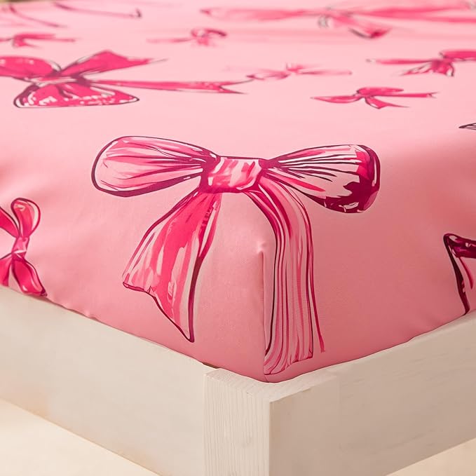 SDIII 4 Piece Pink Bow Girl Toddler Bedding Set, Cute Bowknot Princess Toddler Bedding Set with Comforter, Fitted Sheet, Flat Sheet and Pillowcase