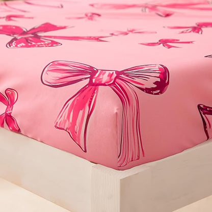 SDIII 4 Piece Pink Bow Girl Toddler Bedding Set, Cute Bowknot Princess Toddler Bedding Set with Comforter, Fitted Sheet, Flat Sheet and Pillowcase