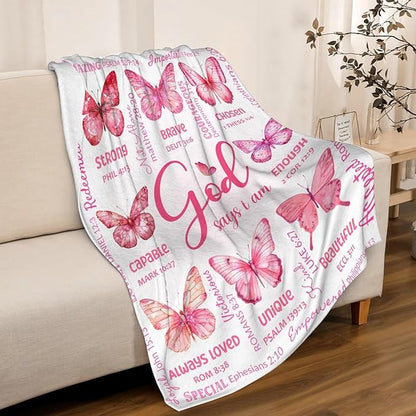 Christian Blanket, Butterfly Throw Blanket for Women Mom Girl,Catholic Gifts,Inspirational Faith Prayer Quilt with Bible Verse Scripture,Soft Flannel, Pink, 40" x 50"