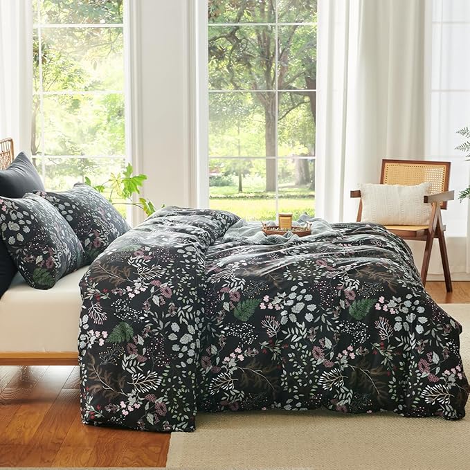 Floral Duvet Cover Twin 2 Pieces Elegant Flower Bedding Set Farmhosue Aesthetic Bedding Soft Microfiber Black Duvet Cover Set with 1 Pillowcase