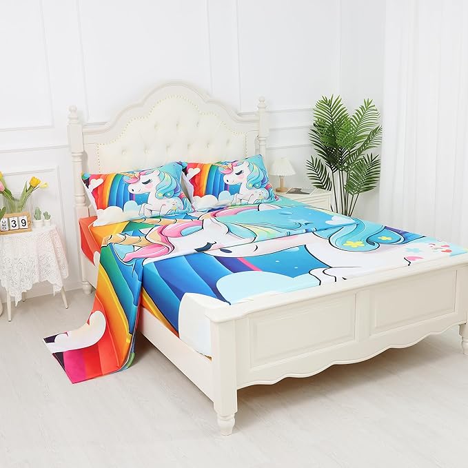 Unicorn Fitted Sheet Set, Rainbow Unicorn Bedding Sets Queen Size for Girls Kids Children Boys Teens Cartoon Sheets Bedspread Set,1 Flat Sheet 1 Fitted Sheet 2 Pillowcases
