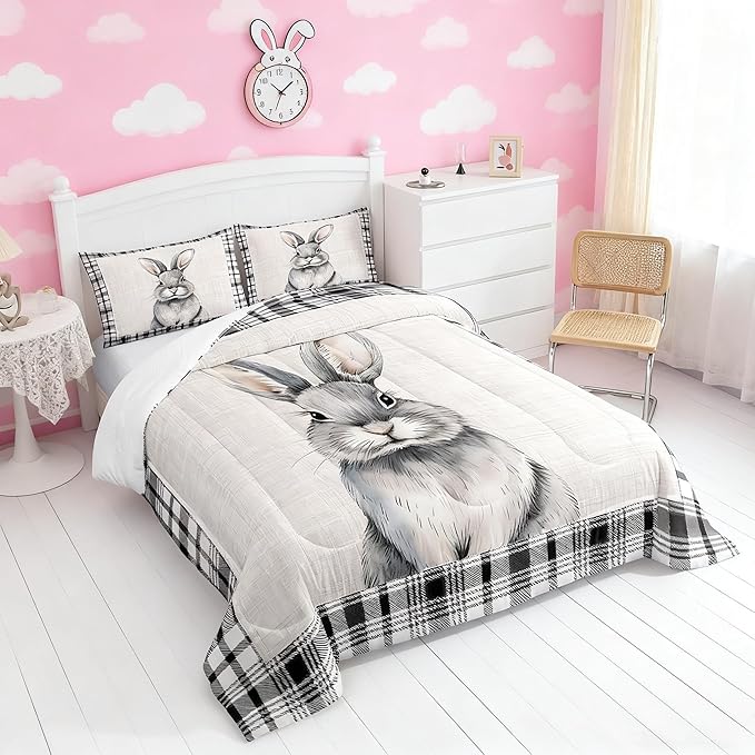 Castle Fairy Cute Rabbit Pattern Comforter Set,Black White Grid Stripes Bedding Set for Kids Girls Women,Adults Lovely Animal Comforter,Farmhouse Quilted Duvet Set Bedroom Collection Twin Size 2Pcs