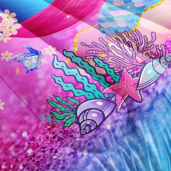 Mermaid Butterfly Comforter Set Twin Size Fairy Tale Sea Shell Grass Bedding Set Colorful Rainbow Quilt Bed Set for Kid Girls with 1 Comforter and 2 Pillowcases