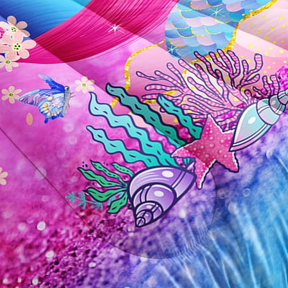 Mermaid Butterfly Comforter Set Full Size Fairy Tale Sea Shell Grass Bedding Set Colorful Rainbow Quilt Bed Set for Kid Girls with 1 Comforter and 2 Pillowcases