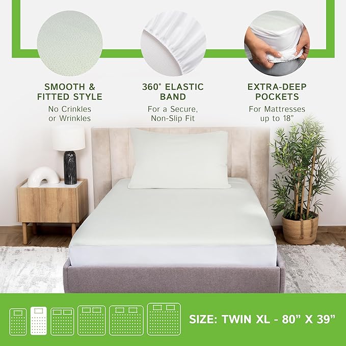 Four Seasons Essentials Twin Extra Long (XL) Size Waterproof Mattress Protector - Cooling Viscose derived from Bamboo Fitted Sheet Mattress Cover - Quilted Jacquard Pad Protects from Dust Allergens