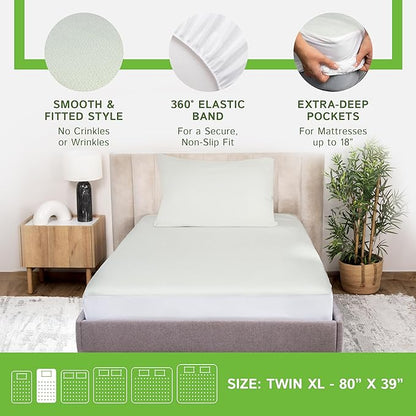Four Seasons Essentials Twin Extra Long (XL) Size Waterproof Mattress Protector - Cooling Viscose derived from Bamboo Fitted Sheet Mattress Cover - Quilted Jacquard Pad Protects from Dust Allergens