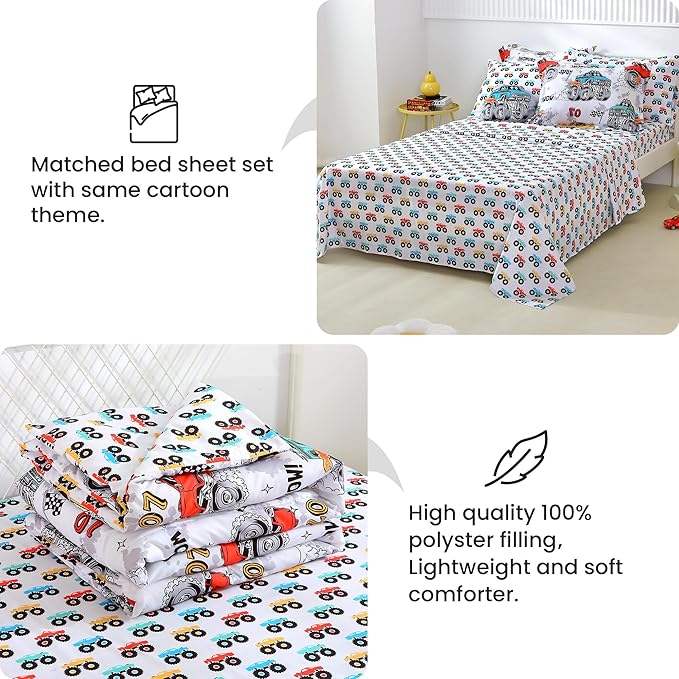 Mooreeke Full Size Comforter Sets for Boys Kids, 8 Pieces Bed in a Bag Monster Truck Bedding Comforter Sheet Set with Shams and Decorative Toy Pillow, Ultral Soft Microfiber Kids Bed Set