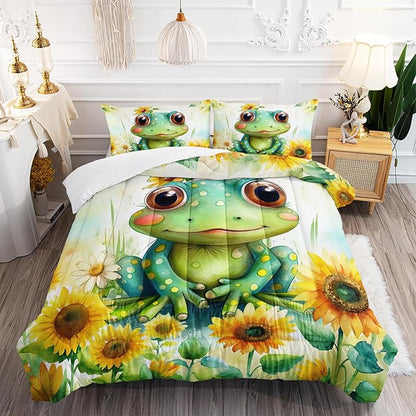 Cartoon Green Frog Bedding Set 3Pcs Yellow Sunflower Comforter Full Colorful Floral Botanical Pattern Quilt Set for Kids Teens Girls Boys Bed Decor Set with 1 Comforter and 2 Pillowcases