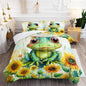 Cartoon Green Frog Bedding Set 3Pcs Yellow Sunflower Comforter Full Colorful Floral Botanical Pattern Quilt Set for Kids Teens Girls Boys Bed Decor Set with 1 Comforter and 2 Pillowcases