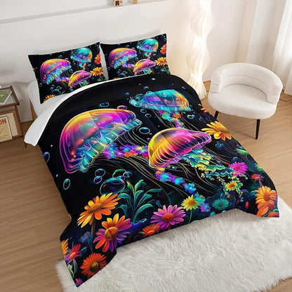 Kids Toddler Bedding Jellyfish Comforter Set,Marine Life Water Plants Bubbles Bedding Queen Size Comforter Sets for Girls Boys Room Decor,Aesthetic Bedding Comforter Sets with 2 Pillowcases.