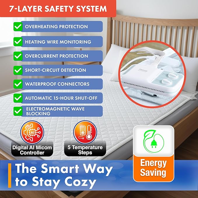 Heated Mattress Pad – Bed Warmer with 5 Heat Settings, 15-Hour Auto Shut-Off,Tencel & Microfiber, Anti-Radiation, Waterproof, Machine Washable, Single Controller, UL Listed, Twin, Single