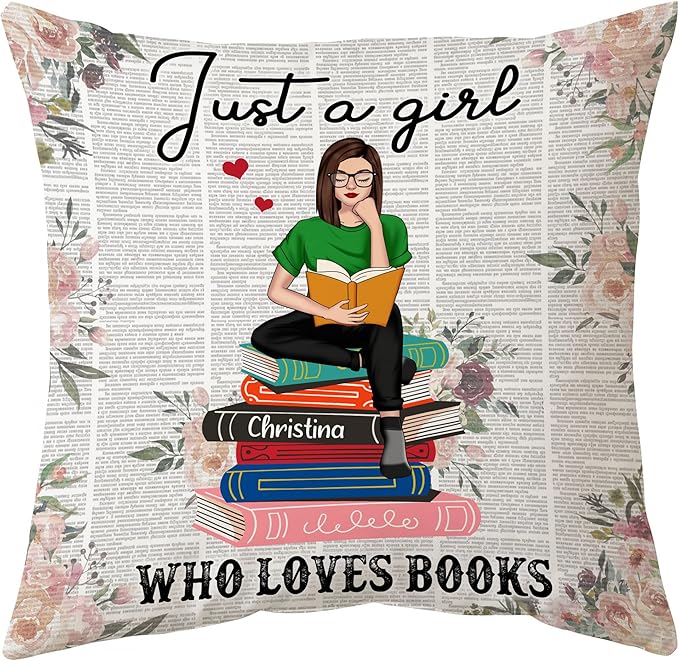 Hyturtle Personalized Just A Girl Who Loves Books Pillow (Insert Included) Gifts for Girl Women - Birthday Gifts for Book Lovers Librarian - Custom Name Sofa Couch Cushion Home Decor Pillow