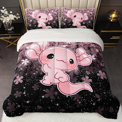 QOOMO Cartoon Axolotl Sherpa Fleece Comforter Set Girls Kawaii Bedding Set Full/Queen Size for Kids Teens Cute Cherry Blossoms Bedding Design 3 Piece with 1 Comforter 2 Pillowcases