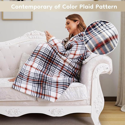 Electric Heated Blanket Throw Size - 50"x60", Soft Flannel Heating Blanket, 4 Heating Levels, 3 H Auto Shut Off, Breathable Warm and Washable for Sofa, Blue-White-Red Plaid