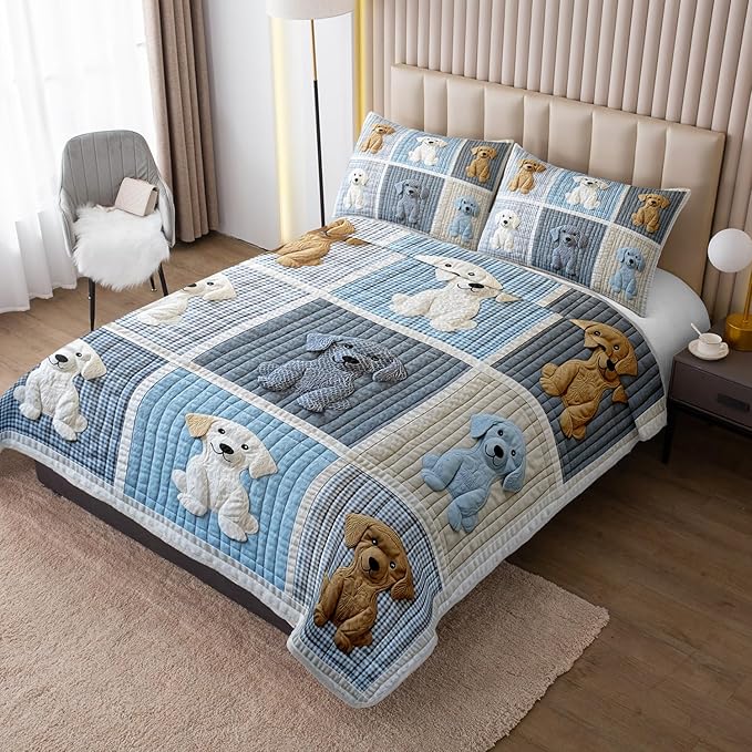 Kawaii Blue White Dogs Quilts Bedding Twin 3Pcs Wild Animal Cartoon Pet Puppy Bed Set Fabric Collage Grid Pattern Bedspread Coverlet with 2 Pillowcases for Kid Boy Girl Teen Adult Room Decor
