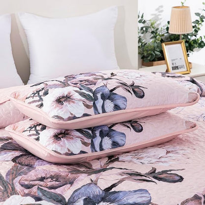 Floral Quilt Set King 3 Pieces Pink Floral Quilt Coverlet Set Soft Microfiber Lightweight Pink Quilted Bedspread for All Season 104"x90"