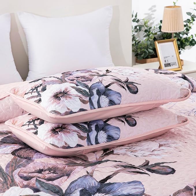 Floral Quilt Set Queen 3 Pieces Pink Floral Quilt Coverlet Set Soft Microfiber Lightweight Pink Quilted Bedspread for All Season 90"x96"