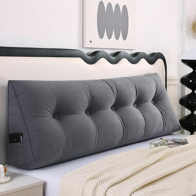 SAMTY Husband headboard Pillow Large Back Rest Support Reading Pillows for Sitting in Bed for Adults Triangle Velvet Wedge Pillow headboard Cal King Size, Grey