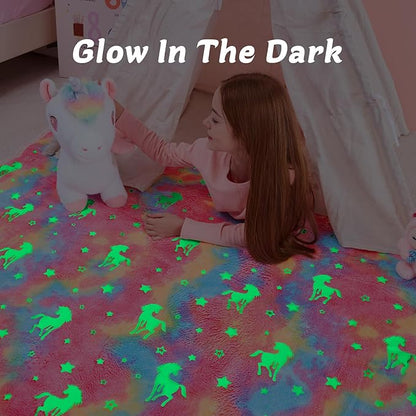 QSTEHEML Unicorns Glow in The Dark Blanket,Unicorn Gifts Sherpa Fleece Throw Blanket for Girls Age 3-12 Year Old, for Teens- Christmas Birthday Bedroom Decor 50"×60"