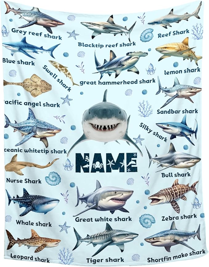 Personalized Custom Baby Blanket with Name - Shark Ocean Swaddle Blanket for Toddlers, Infants, Kids, Newborns - Nursery Stroller Crib Decor Throw Birthday Gift