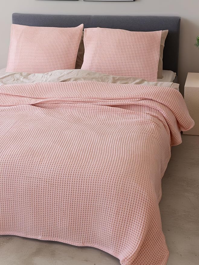 Premium Waffle Blanket Queen XL Size Pink - Premium Quality, 100% Turkish Cotton, Light & Airy Waffle Weave All-Season Quilt - Decorative Bedspread (Pink Powder, Queen XL 95" x 102" Inch)