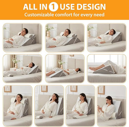 3PCS Wedge Pillow Set for After Surgery, Adjustable 9&12 Inch Bed Wedge Pillow for Sleeping, Incline Pillow Wedge for Headboard, Post Surgery, Acid Reflux, Neck&Back Support, White/Grey