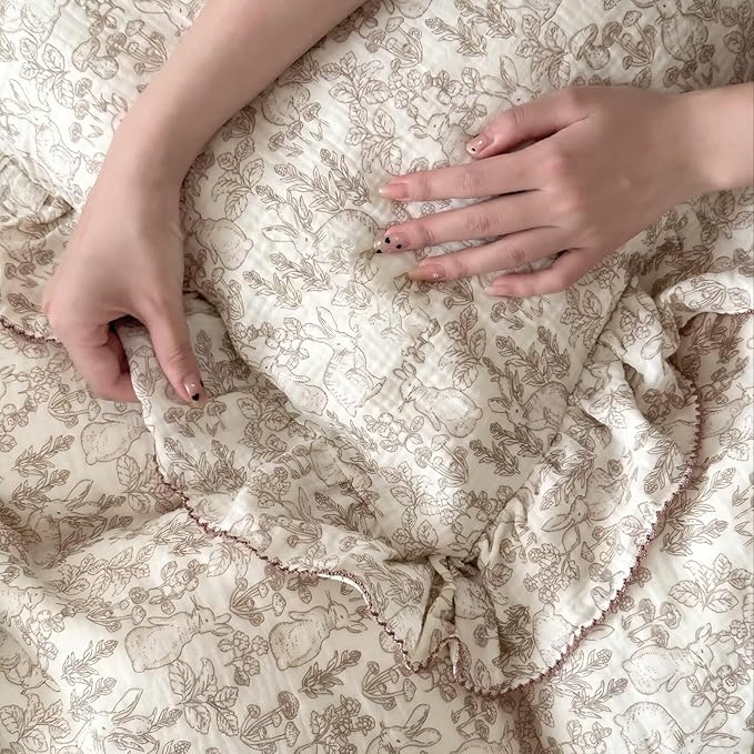 BuLuTu Rabbit Forest Ruffles Duvet Cover Set Muslin Cotton, Full Size Comforter Cover with 2 Standard Pillowcases, Chic Floral Bedding Set Kids Teens Girls Boys, Zipper Closure, Machine Wash