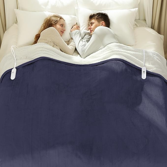 Heated Blanket Queen Size 84" x 90" - Warm Flannel Sherpa Electric Blanket with Dual Control for Home, 5 Heating Levels & 10 Hours Auto Off, Overheat Protection (Purple)