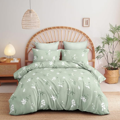 Floral Duvet Cover Queen Size Sage Green Botanical Bedding Set with White Flower 3 Pcs Women Men Romantic Floral Silhouette Ultra Soft Reversible Fall Duvet Cover with Zipper Closure