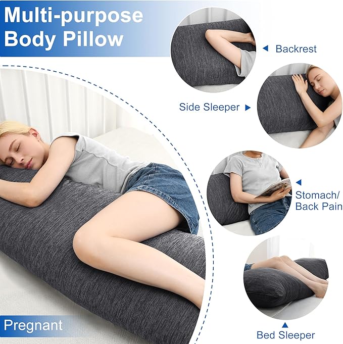 Hiasan Cooling Adult Body Pillow - Memory Foam Insert, Long Full Body Pillow for Side Sleepers, Bed, Sleeping, Soft Support for Pregnant Women, Back Pain Relief, 20x60 Inch, Grey
